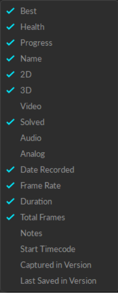 A screenshot from Motive showing the columns available when creating a custom layout for the data pane. 