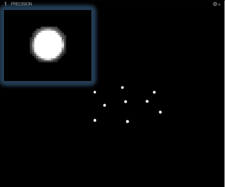 An image taken from an OptiTrack camera in Precision mode, with an inset close-up of a single marker. 