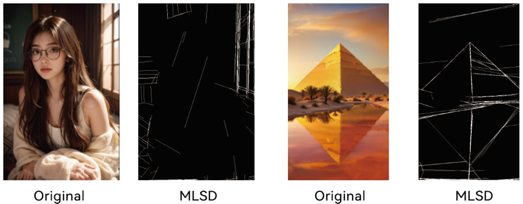 Comparison of the original image and the image after MLSD recognition