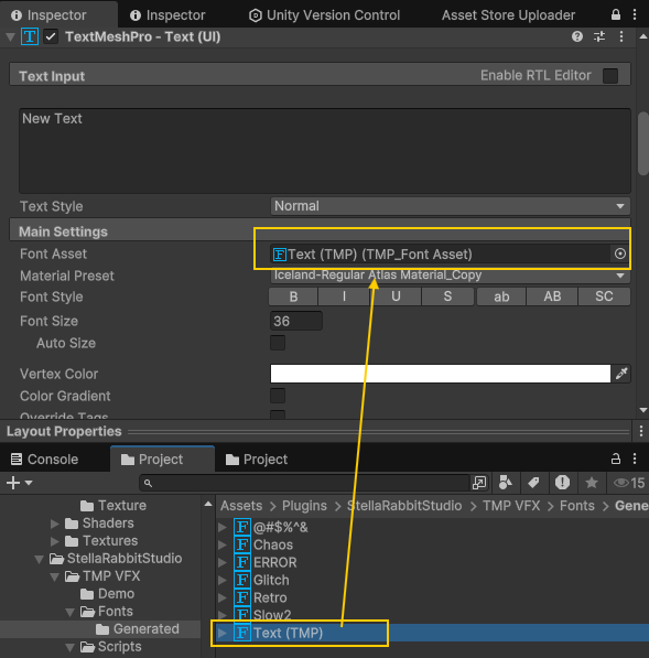 insert Saved Text Font Asset to inspector Font Asset