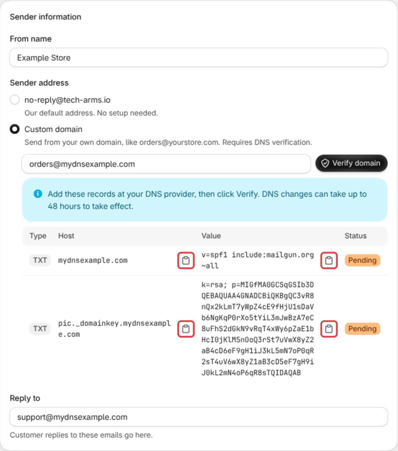 Les deux enregistrements TXT affichés dans l'application, avec leurs boutons de copie