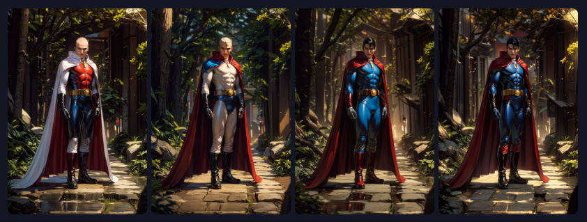 Four examples of AI-generated superman images with different models
