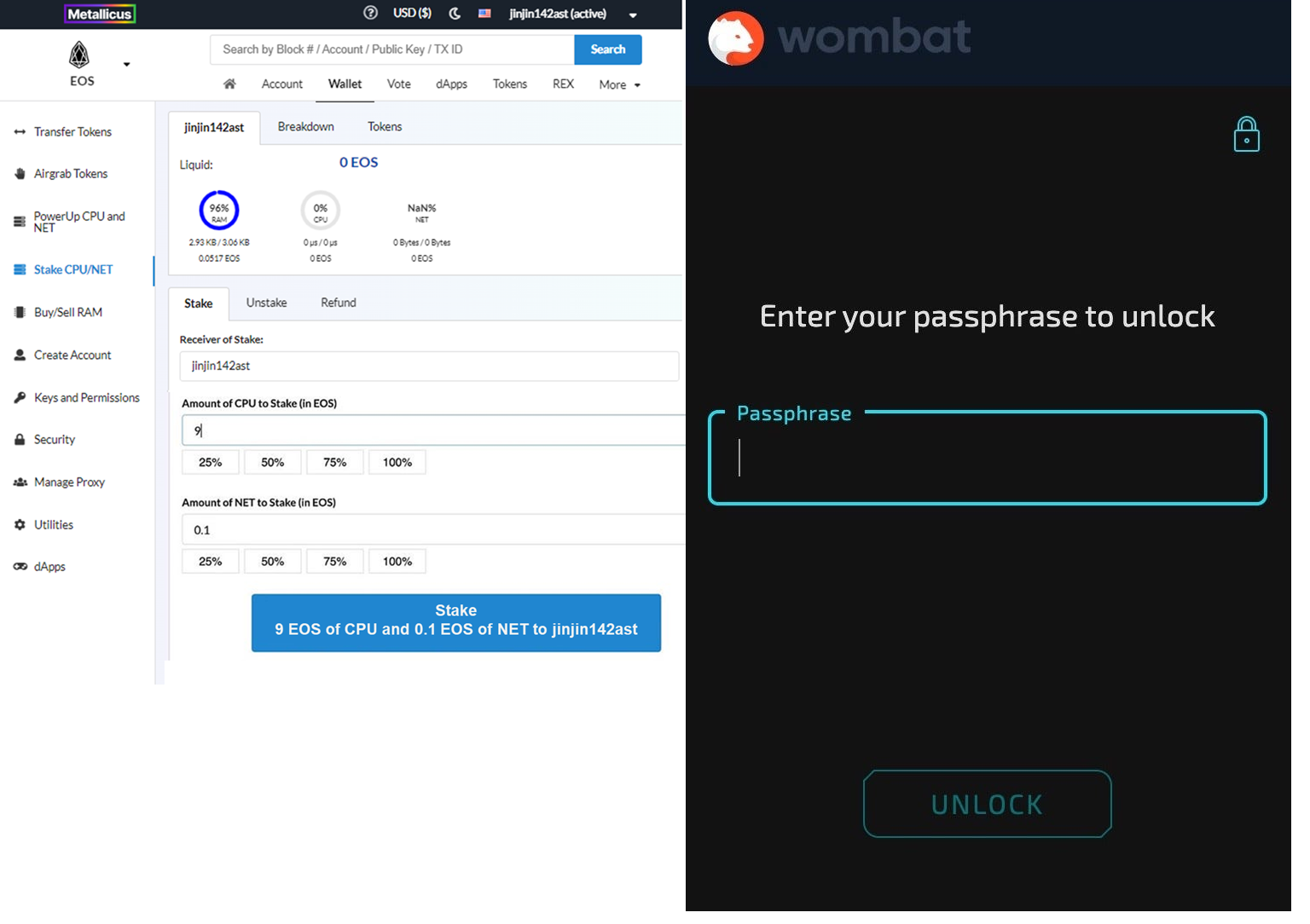 Press the "Stake" button to proceed. Sign the transaction in the Wombat Wallet extension using your passphrase if prompted.
