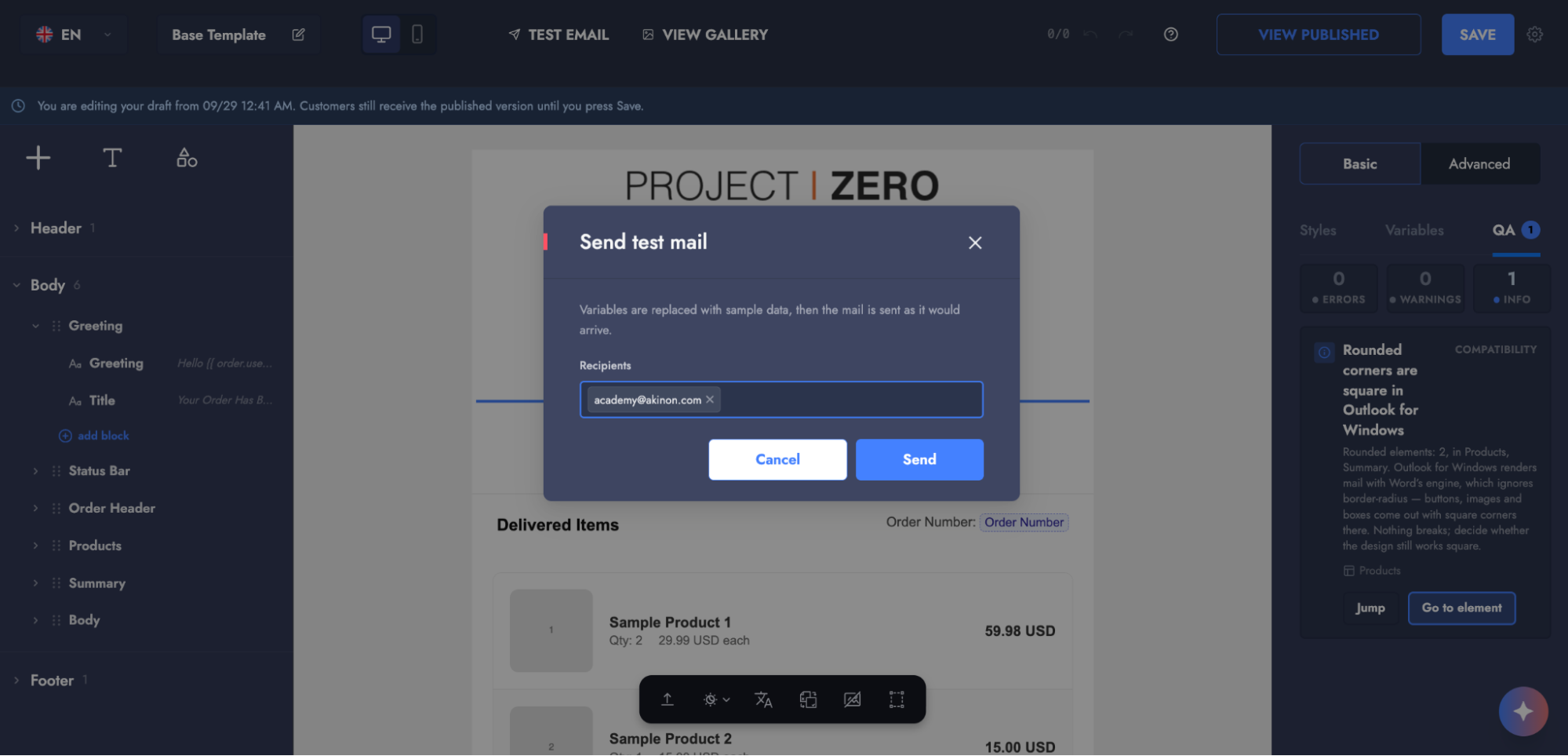 The send test mail dialog