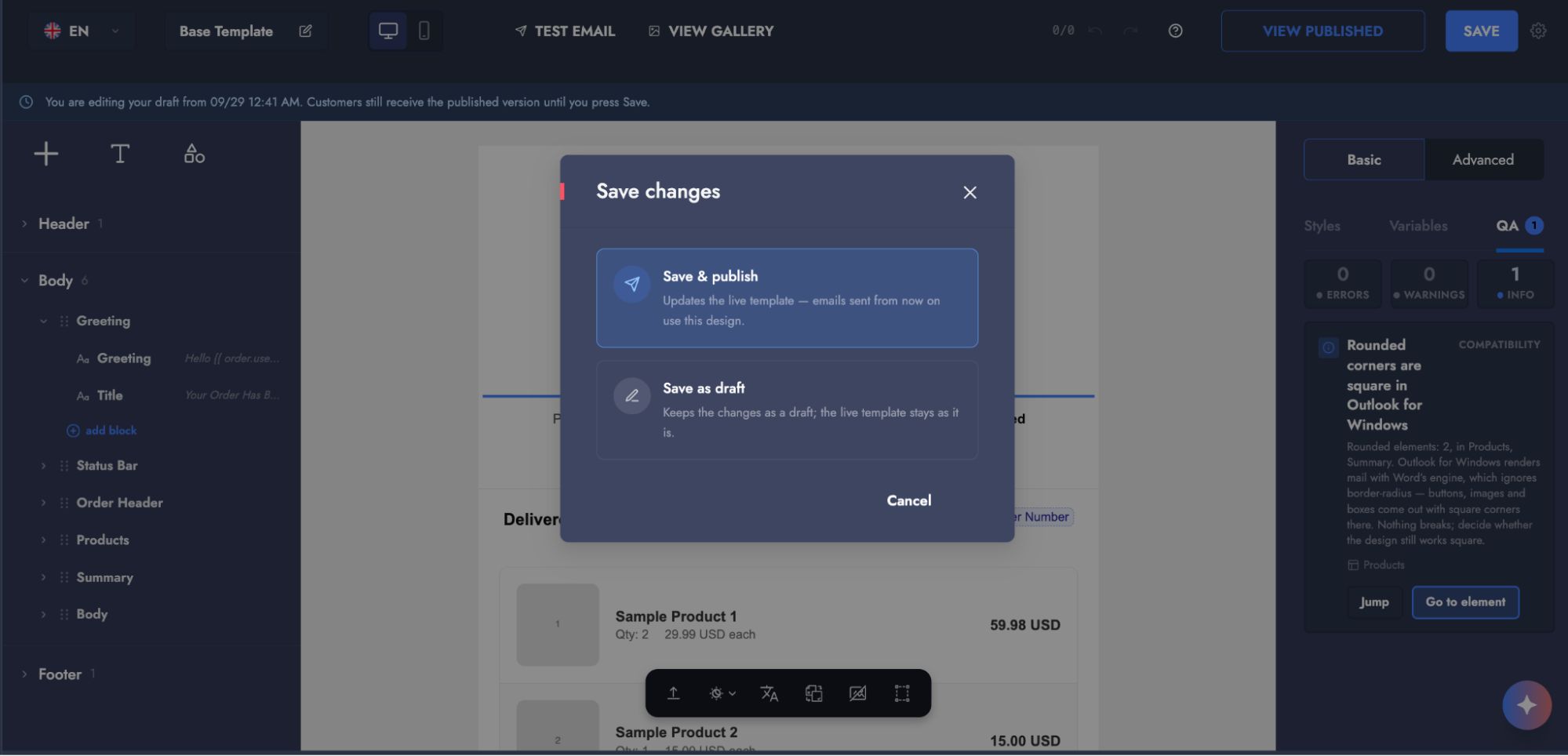 The Save changes dialog