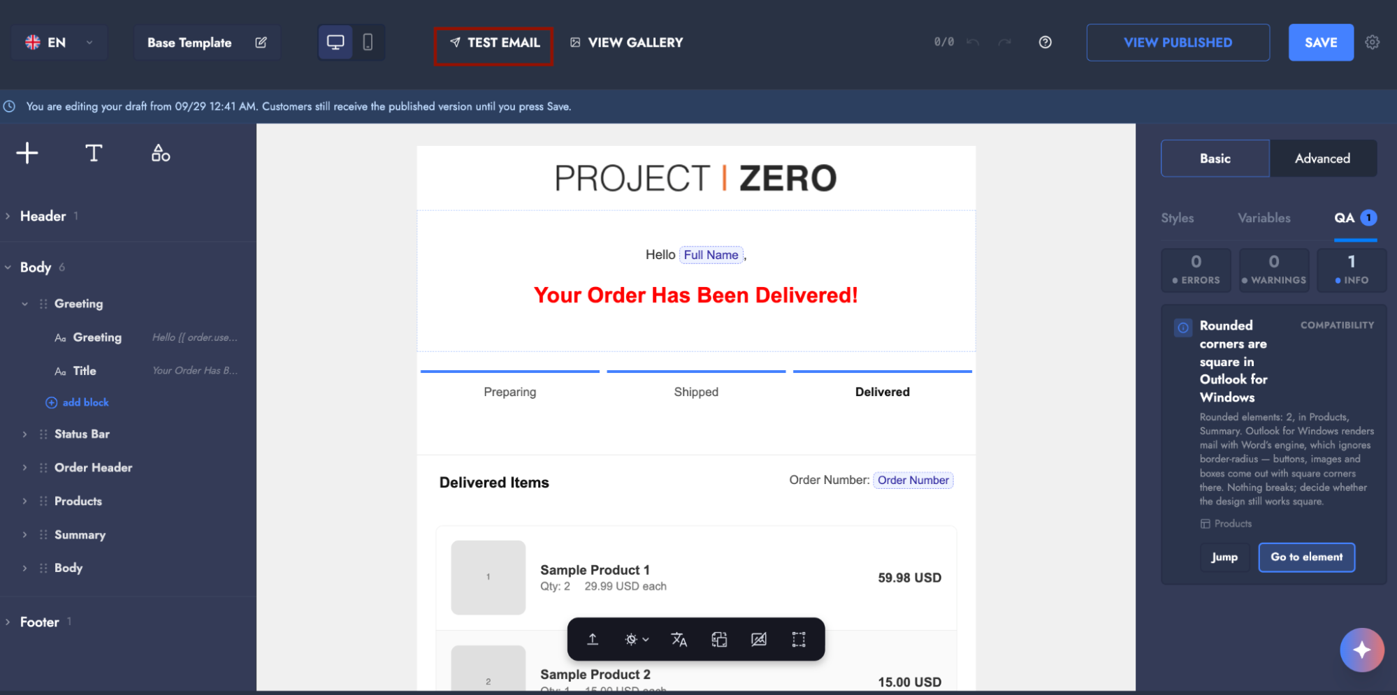The Test mail button