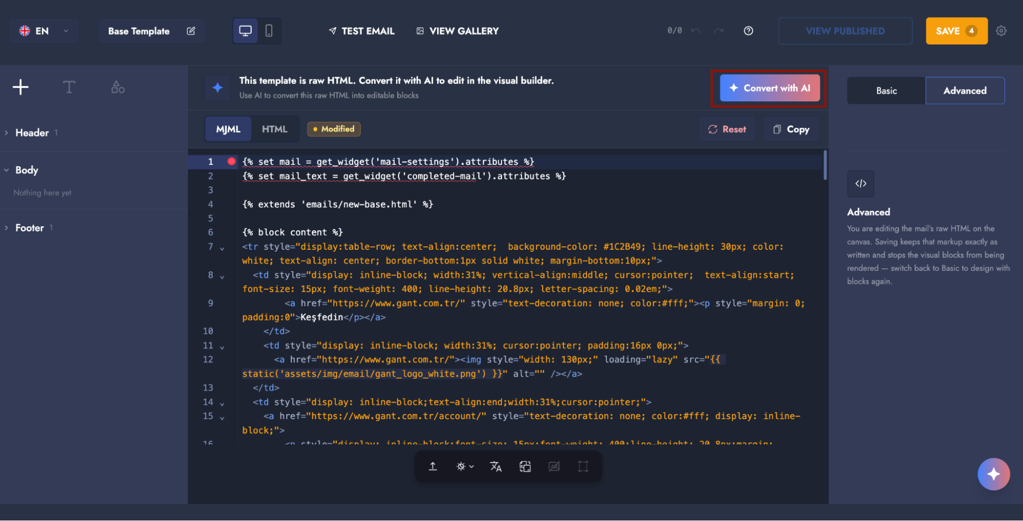Code mode and the Convert with AI button
