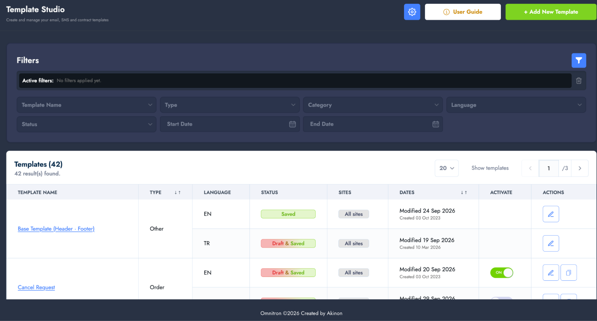The Template Studio list screen