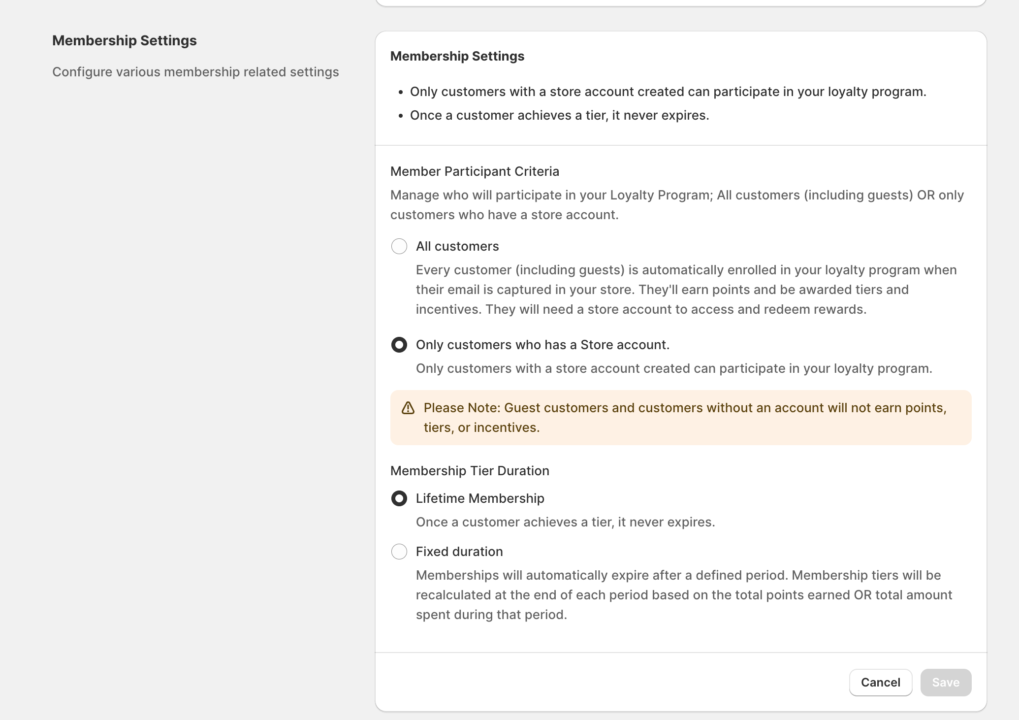 Membership Settings with All customers and Lifetime Membership