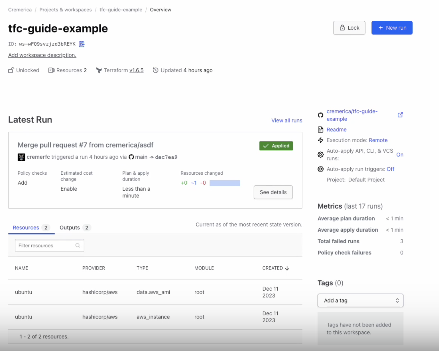 Our example workspace is named "tfc-guide-example"