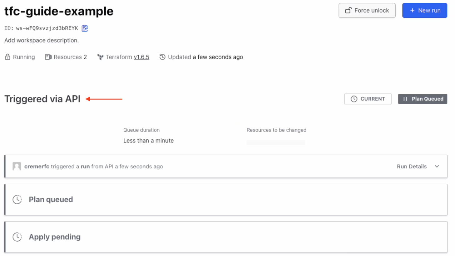 The run in Terraform is labeled "Triggered via API." 