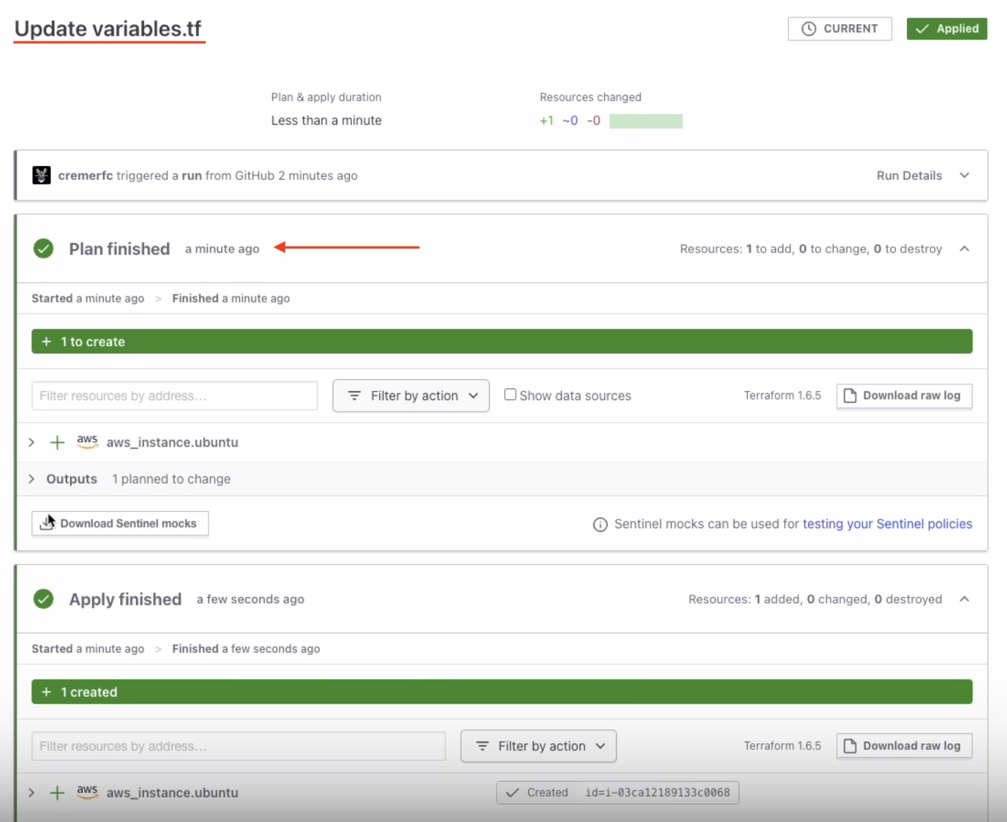 Terraform displays a "Plan finished" message.