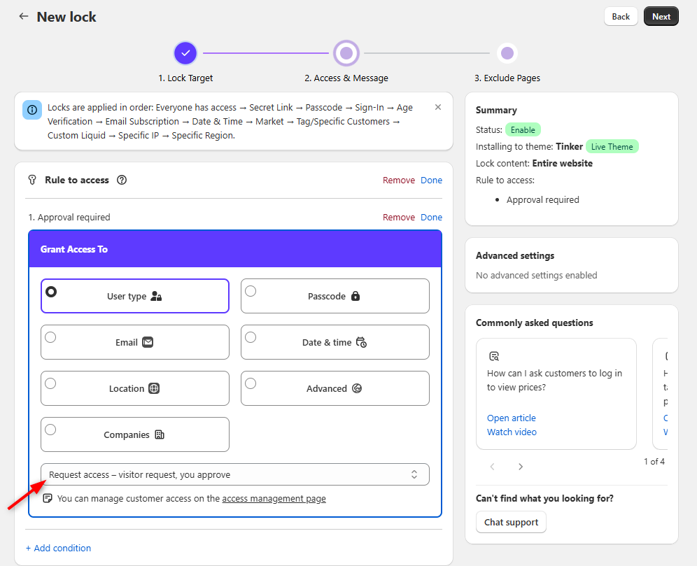 Selecting the Request access condition under User type in the lock wizard