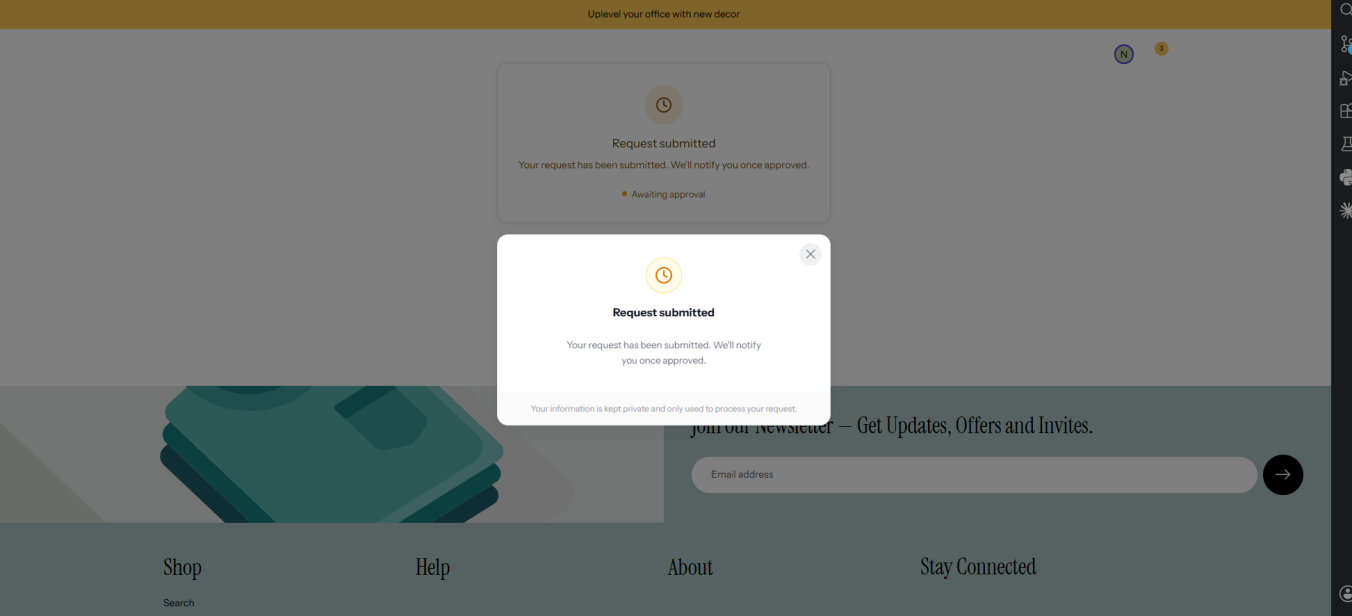 Request submitted confirmation and the pending state