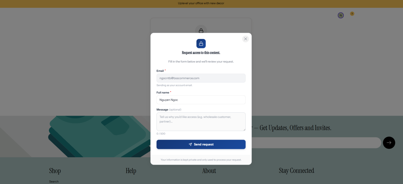 Request access form with email, full name, and optional message
