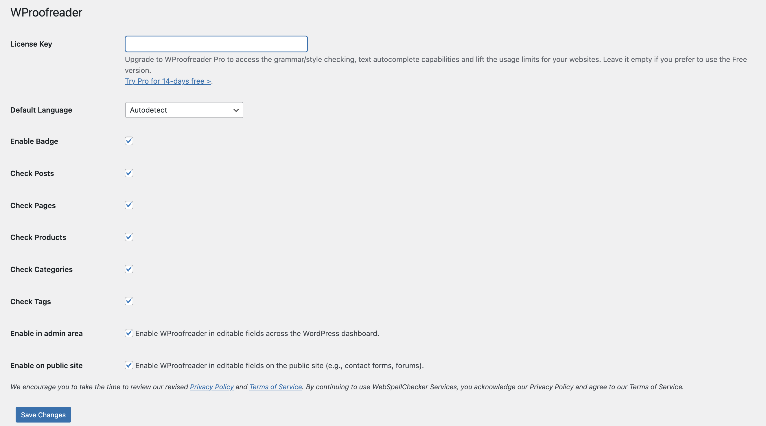 WProofreader settings page showing License Key, Default Language, and content type checkboxes