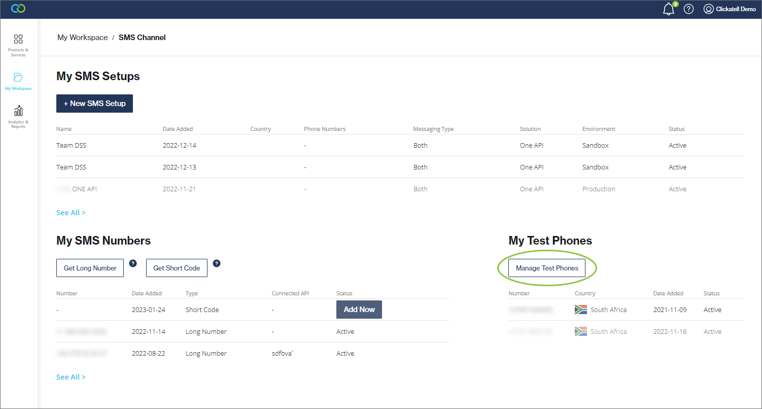 View, edit & add test phones Clickatell Portal User Guide