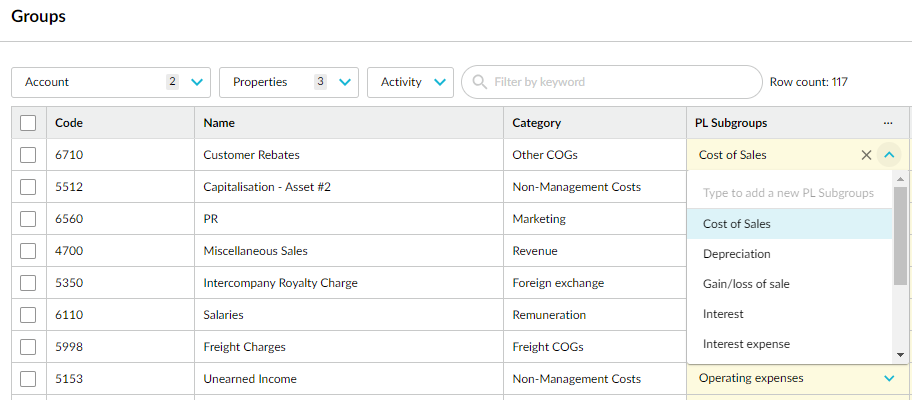 Account dimension groups grid showing mapped values