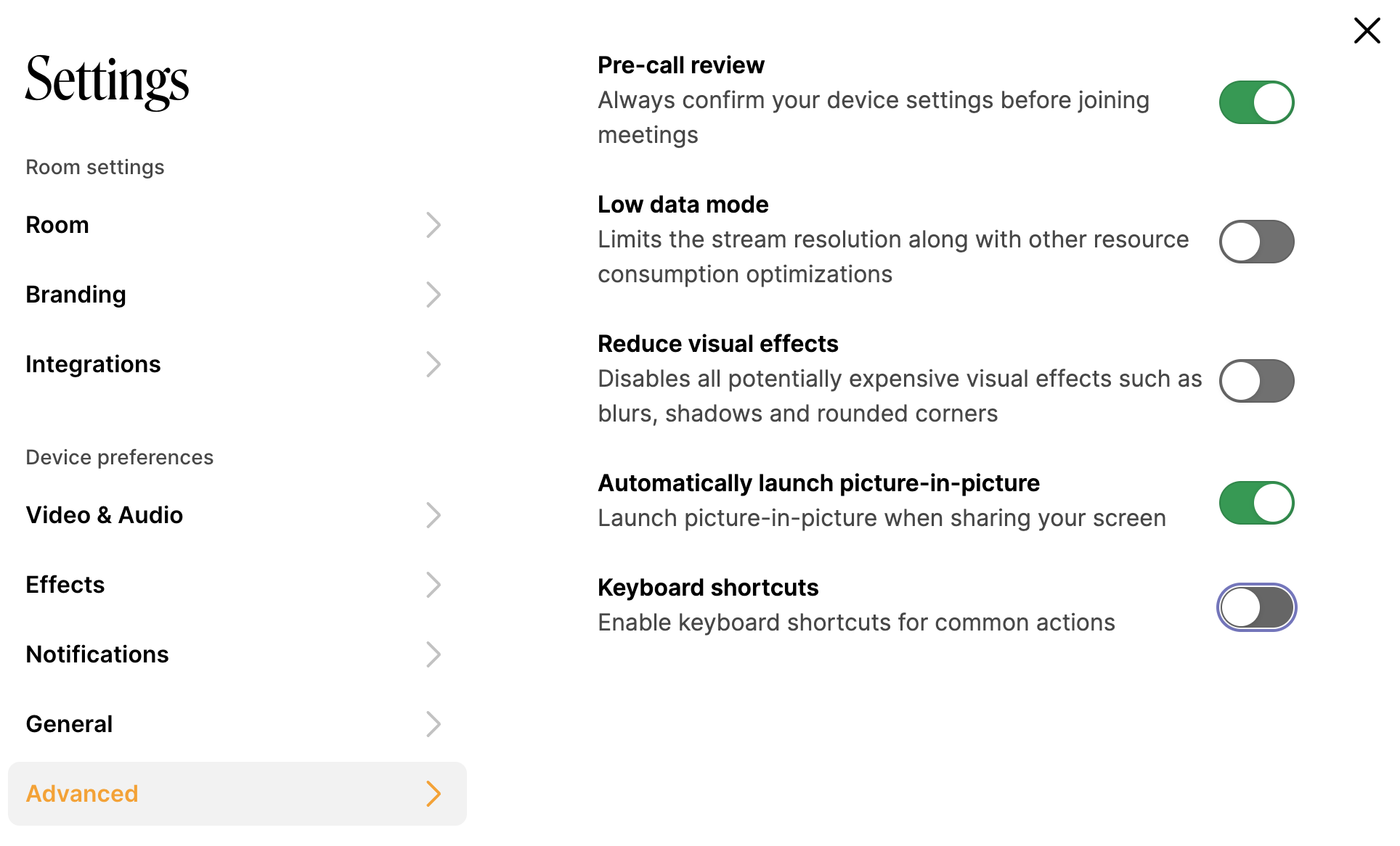 Whereby room settings showing keyboard shortcuts toggle