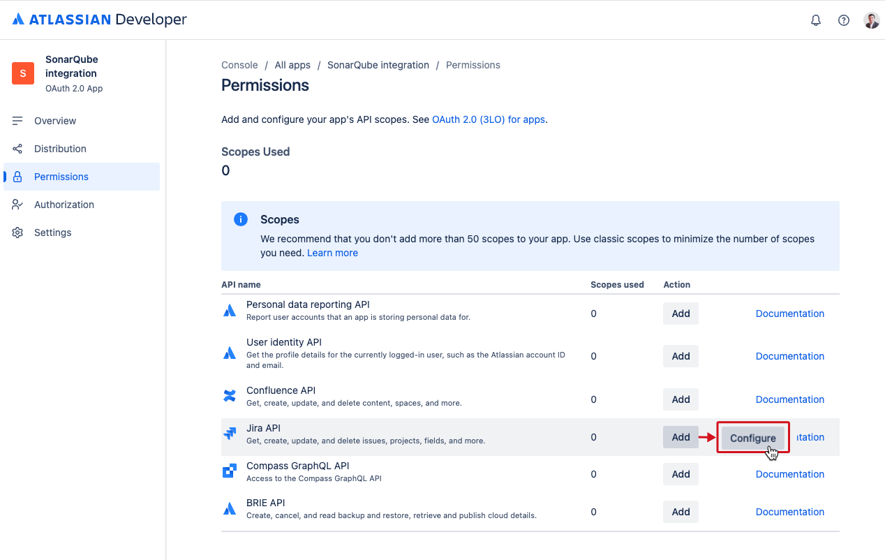 Navigating to permissions for the app