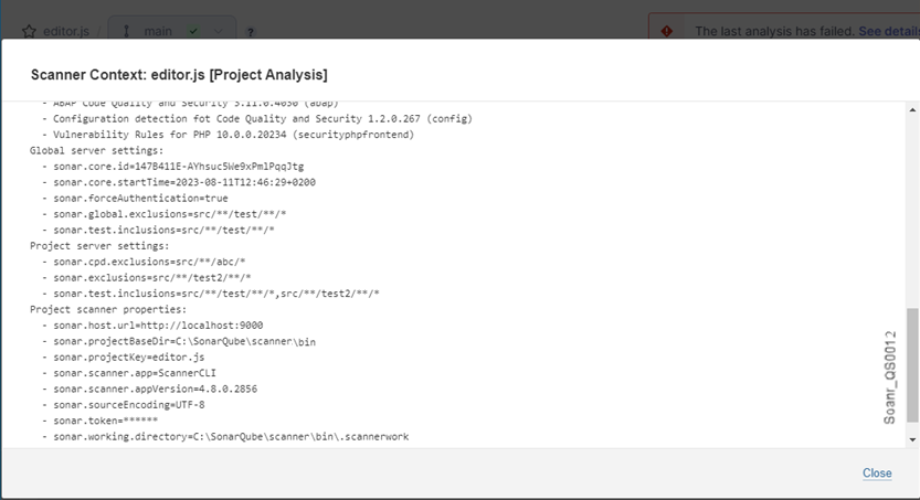 Verify your SonarQube project’s exclusion parameters by checking your project's scanner properties.