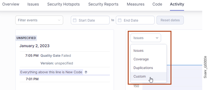 Selecting another metric category in SonarQube.