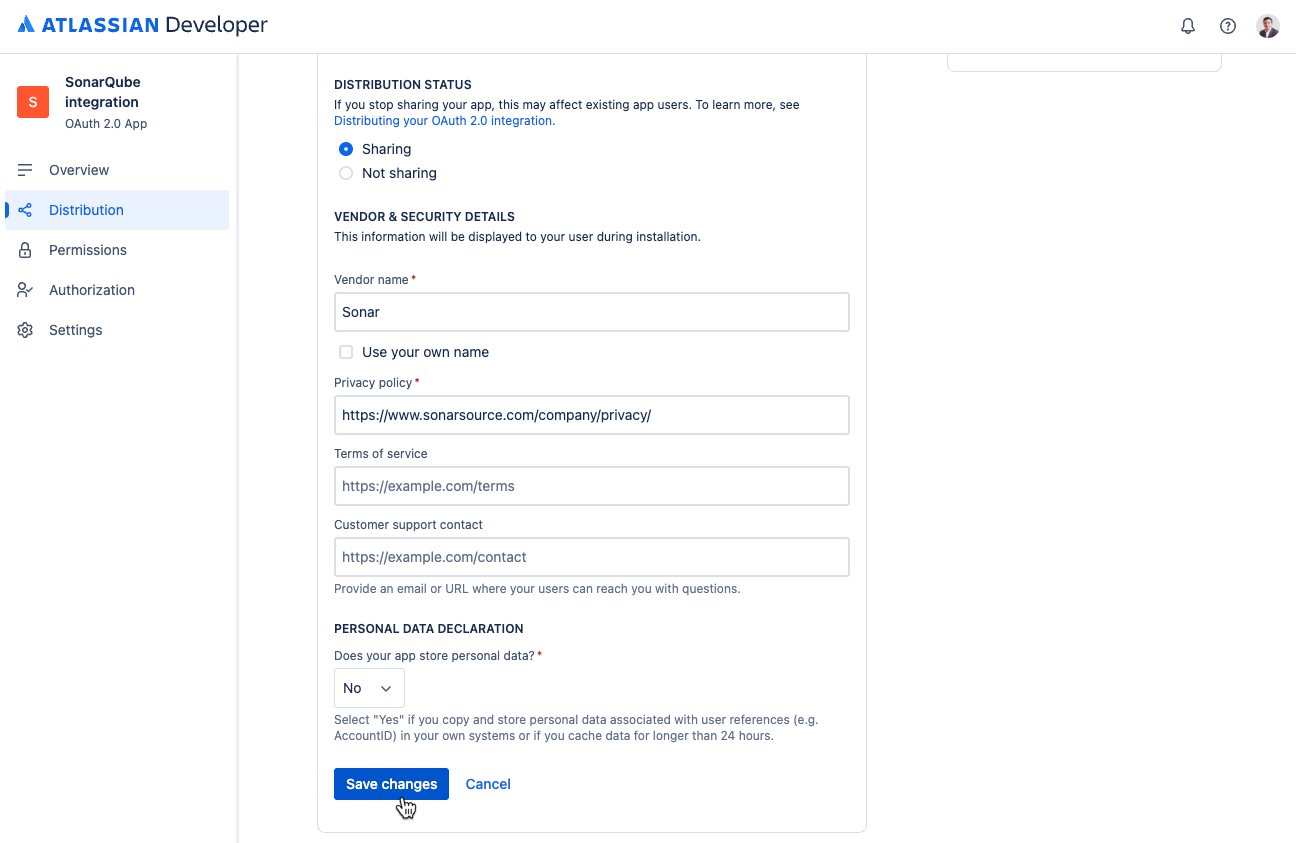 Changing the distribution status to Sharing