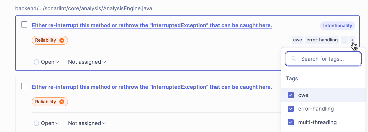 Adding a new tag to an issue in SonarQube.