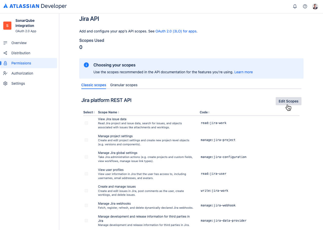 Editing scopes for the app