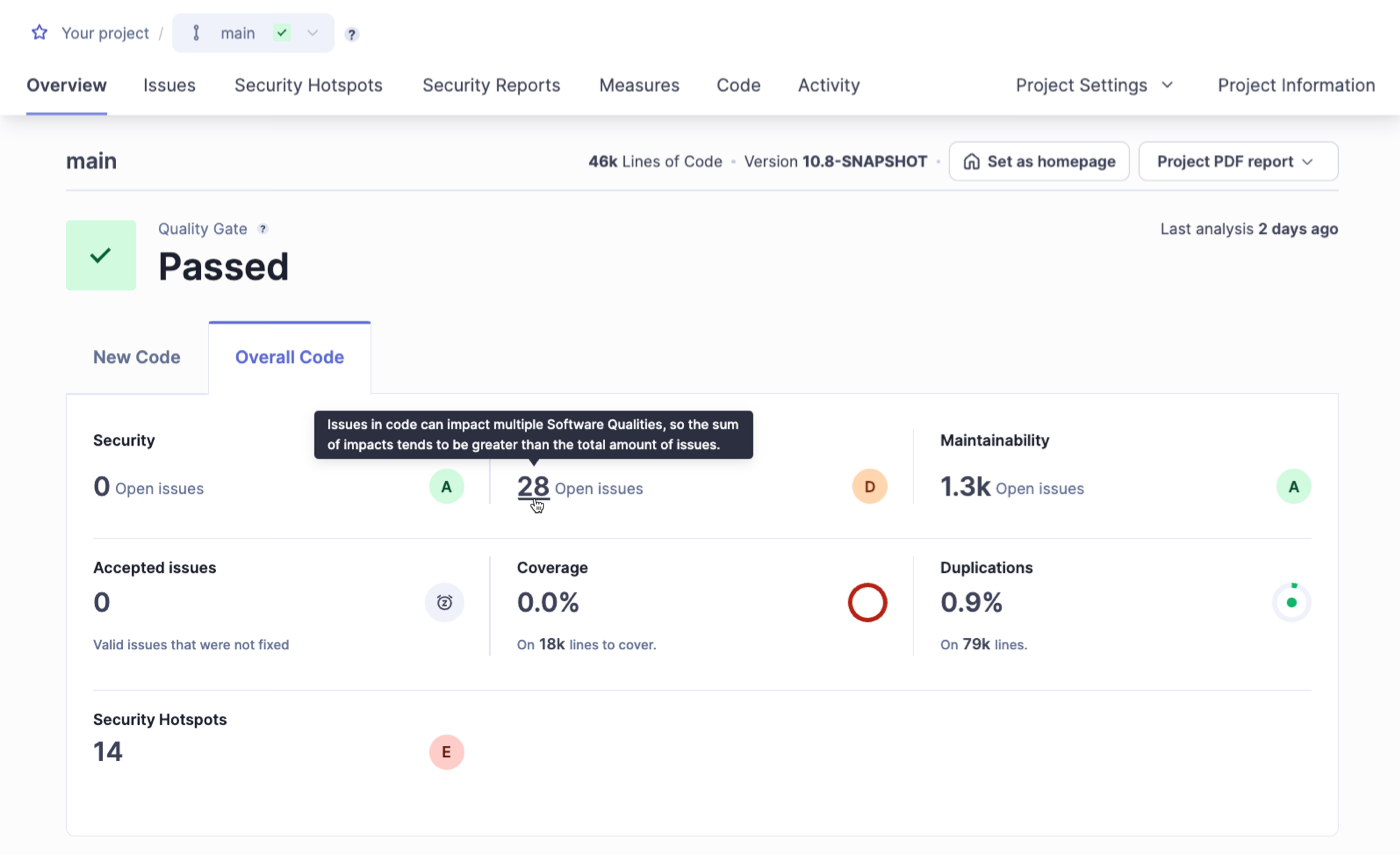 Retrieving issues in SonarQube begins on the overview page.