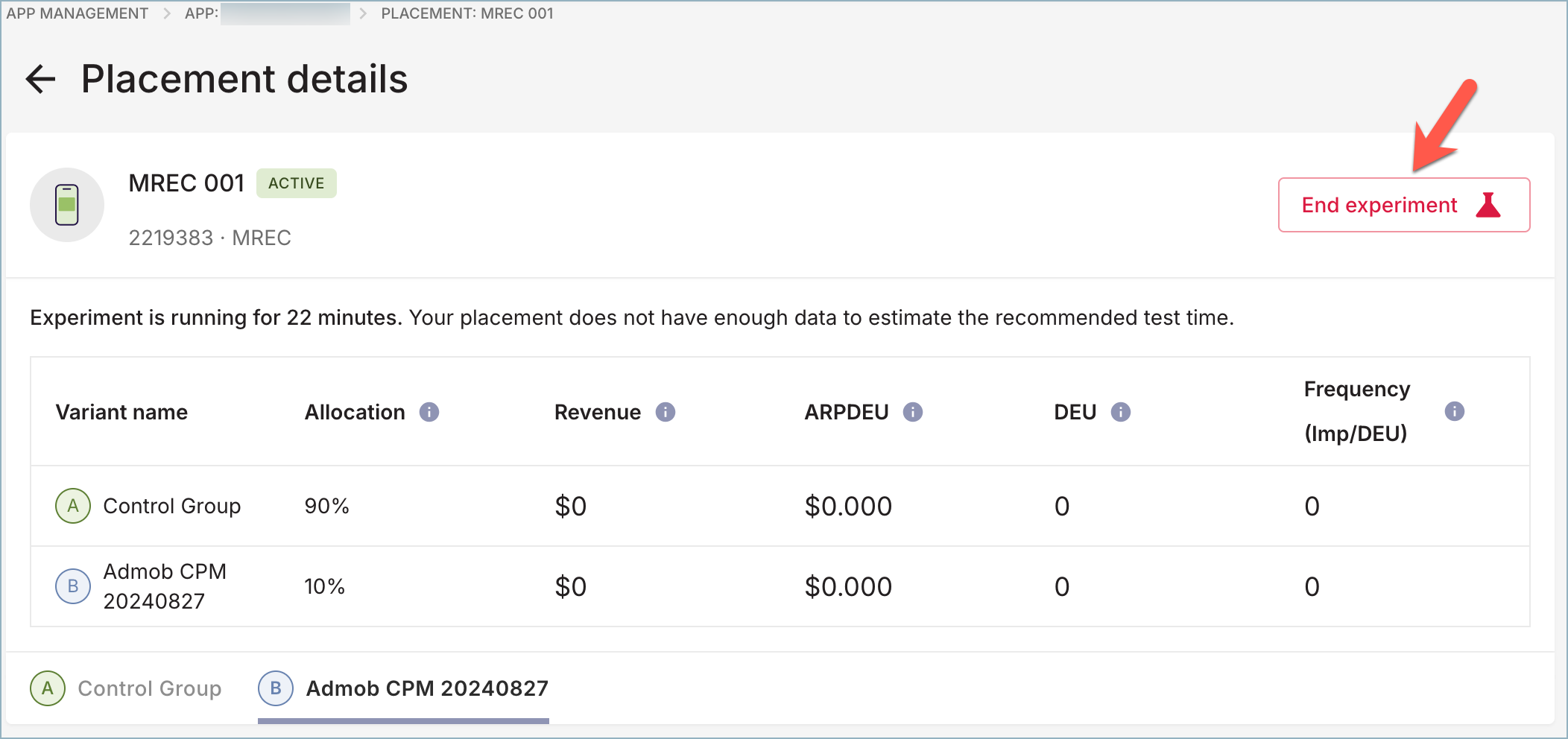 Placement details screen while experiment is running
