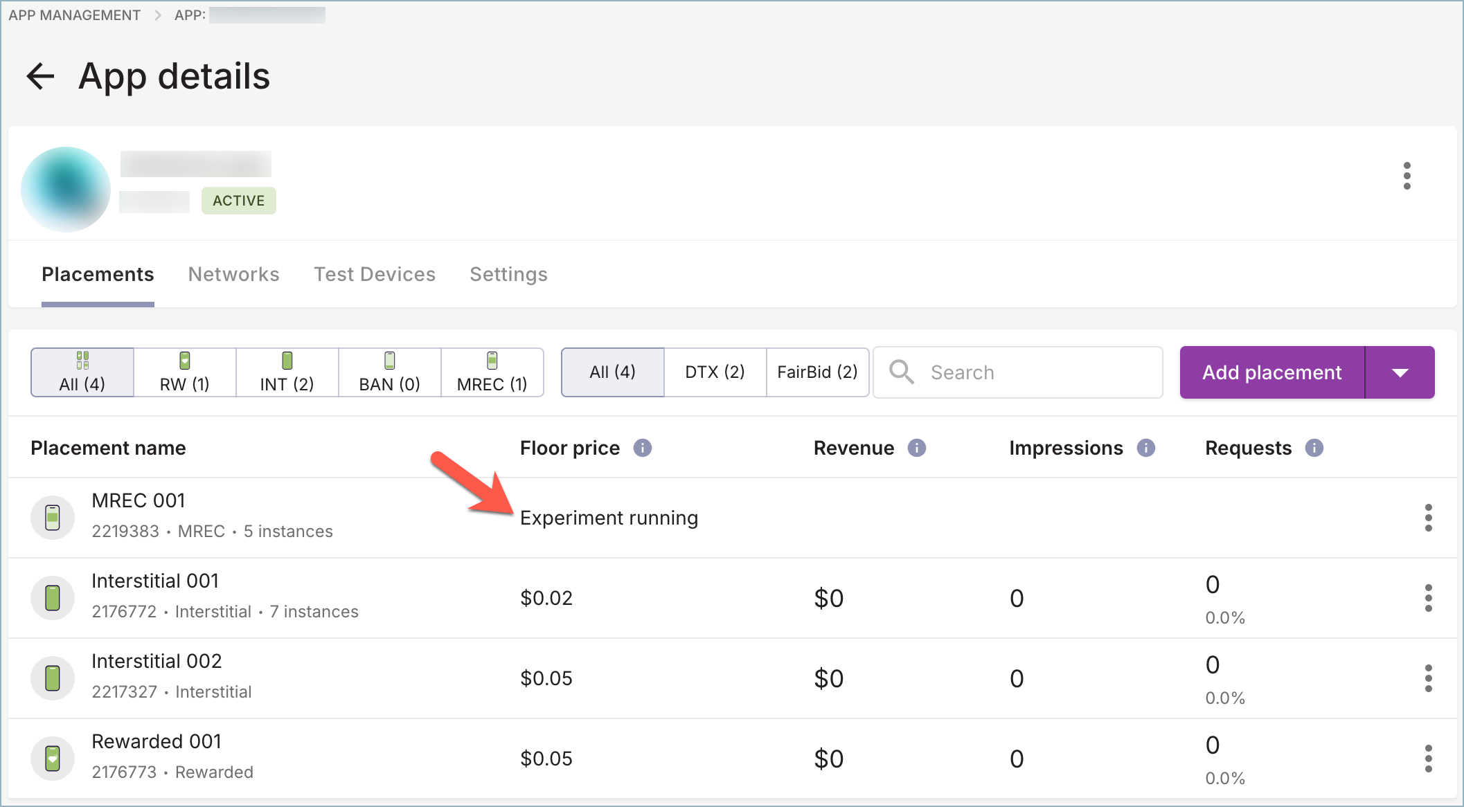 App details screen while experiment is running
