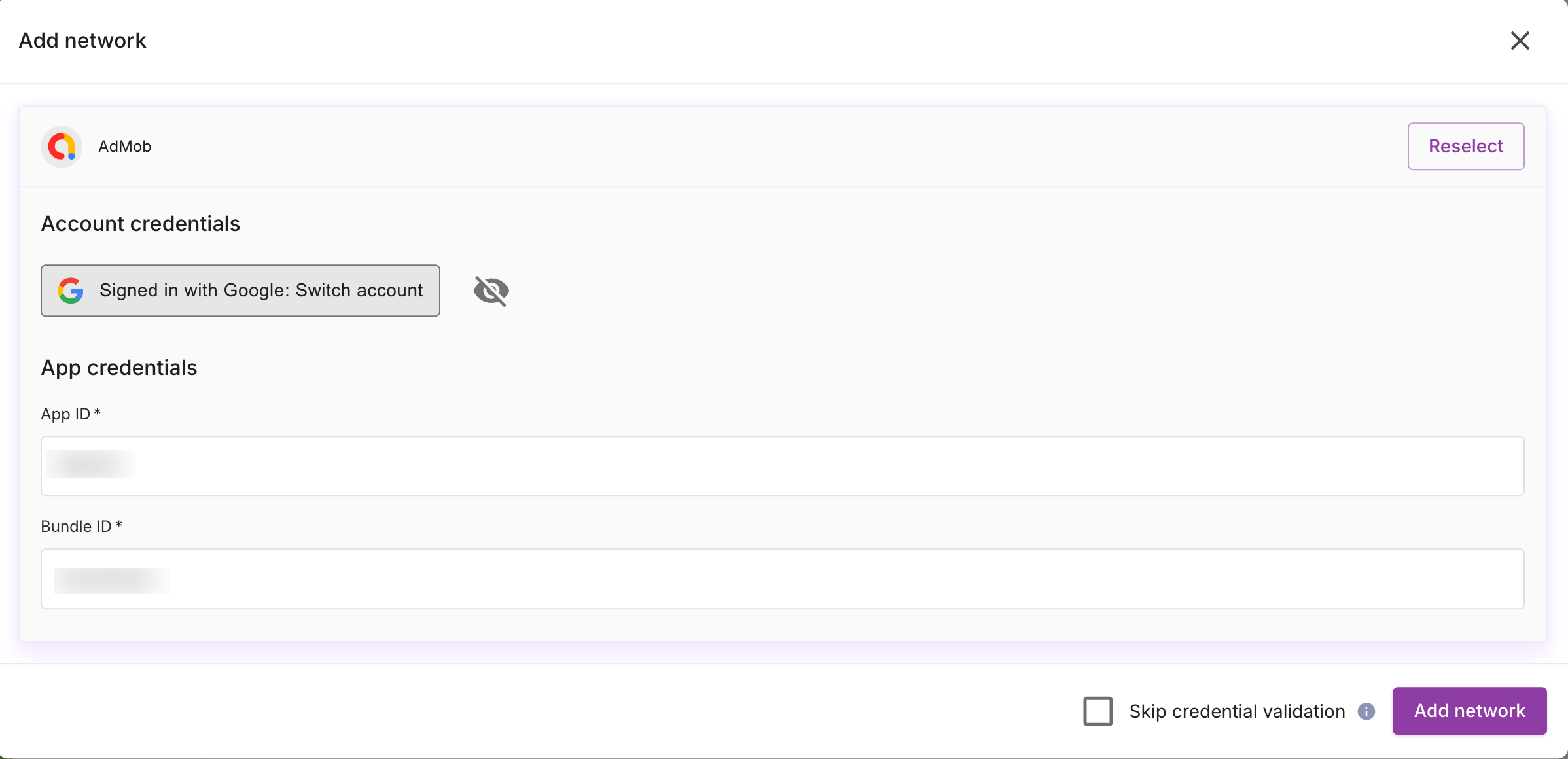 Sample Mediated Network parameters for AdMob.