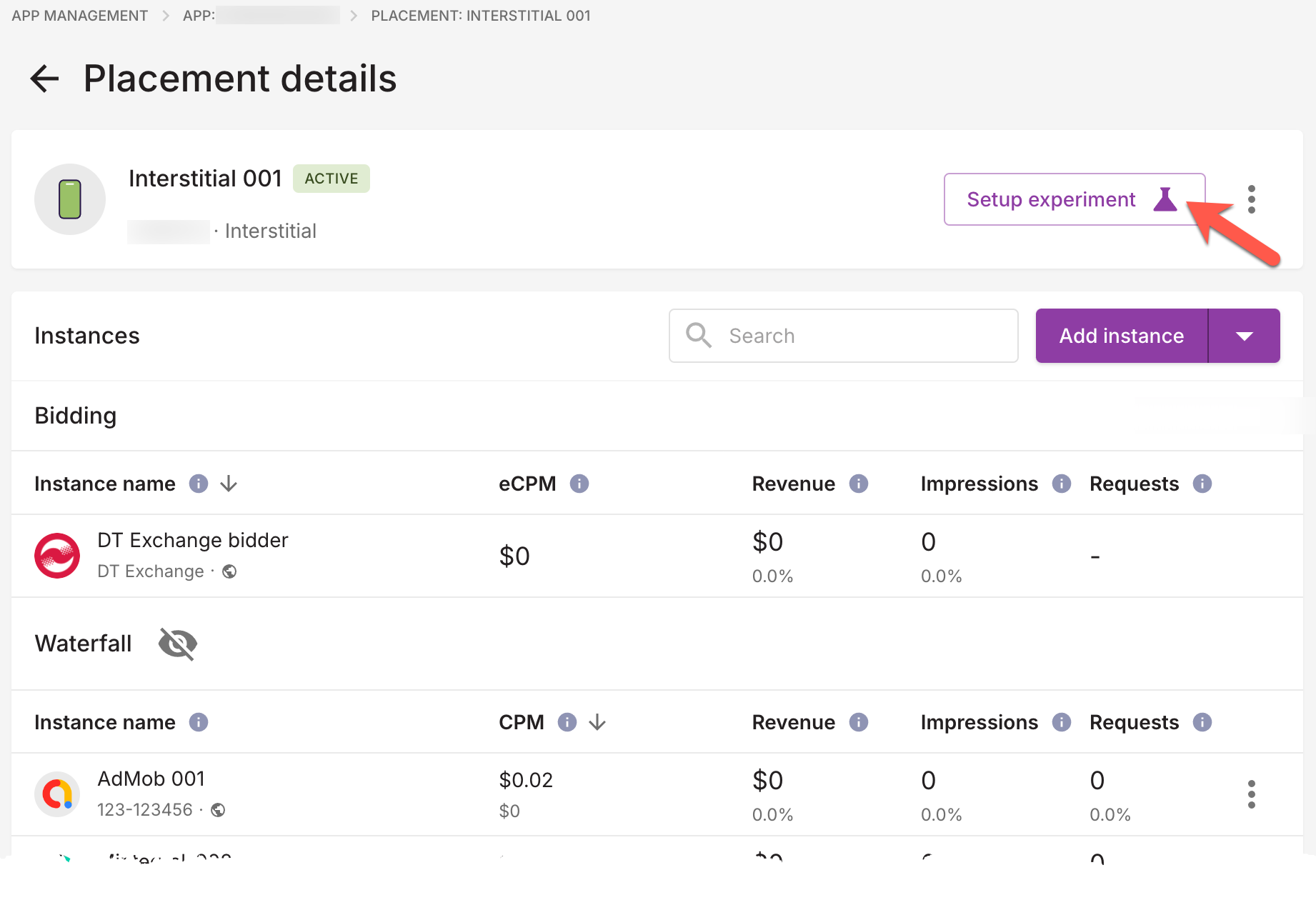 Placement details screen showing the Start Experiment button.