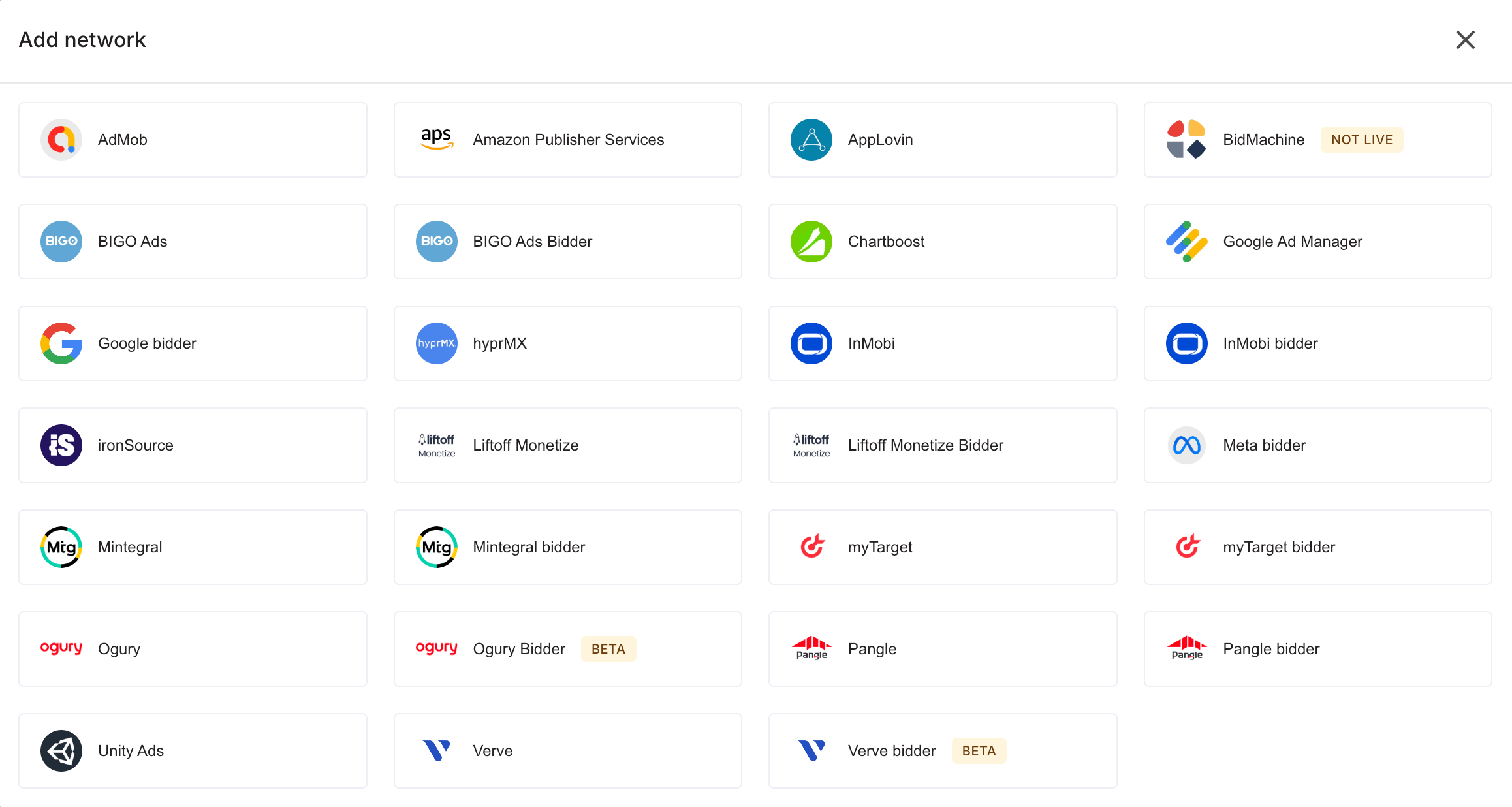 Mediated networks available to add to an app.
