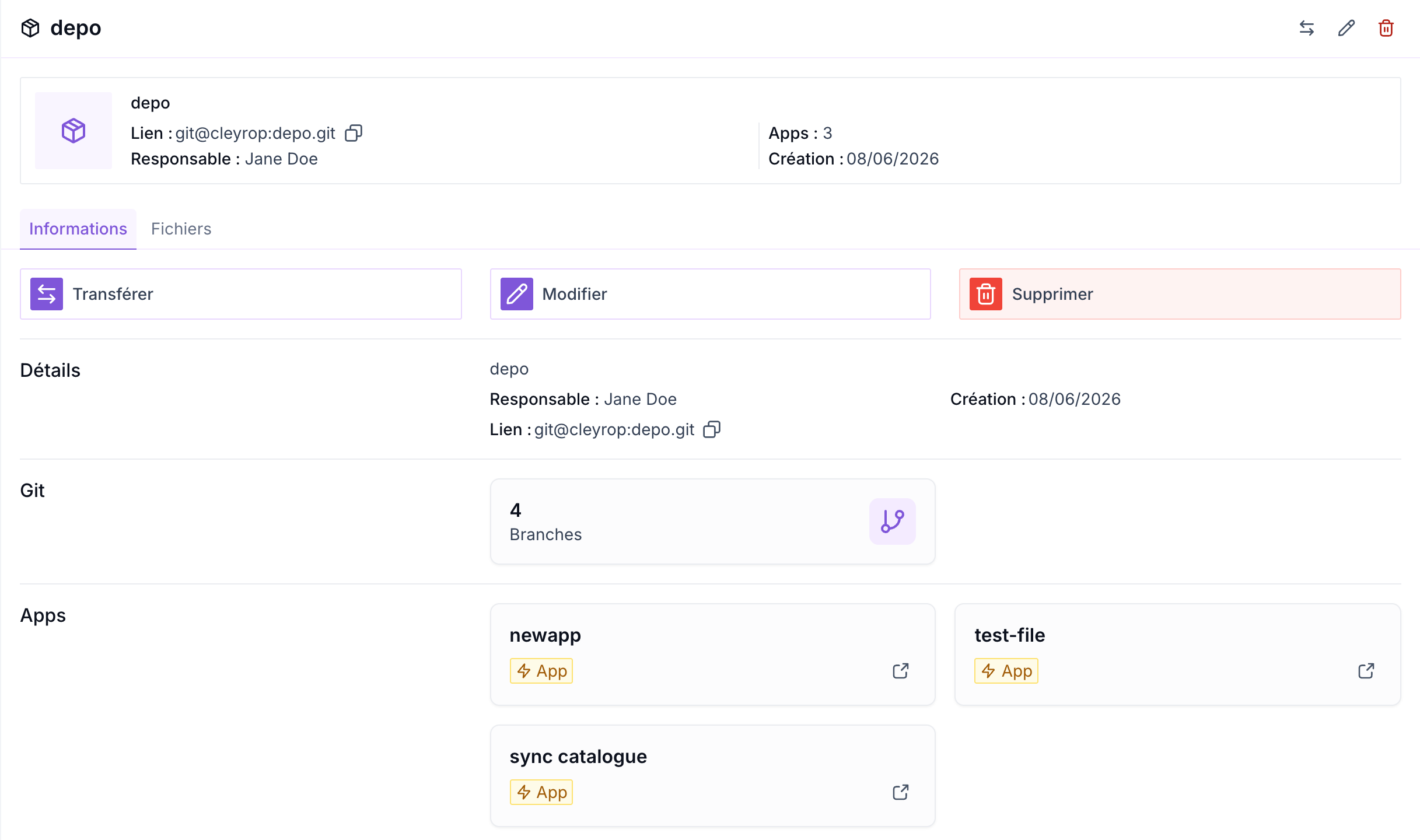 Fiche d'un dépôt interne, onglet Informations : lien de clonage, responsable, branches et Apps liées