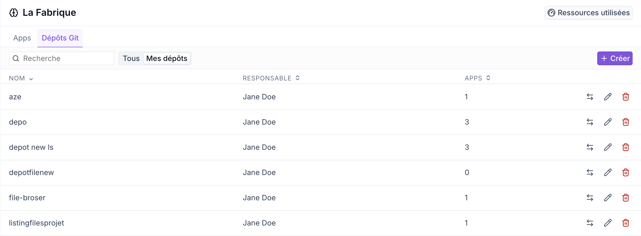 Onglet Dépôts Git de La Fabrique : liste des dépôts internes avec leur responsable et le nombre d'Apps liées