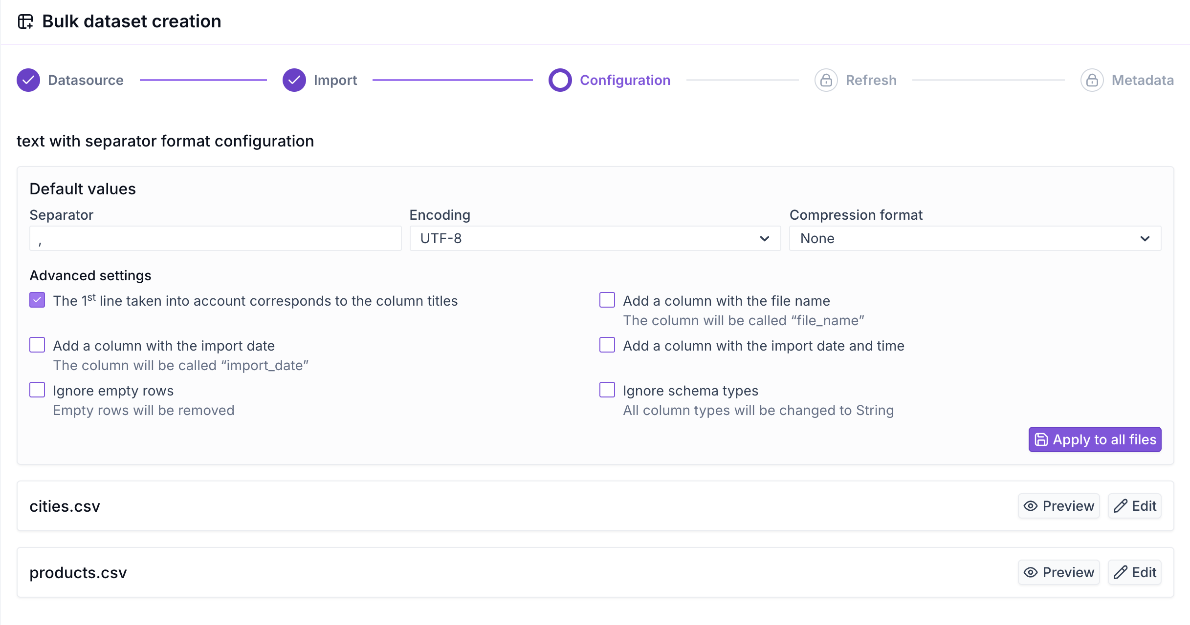 Étape Configuration de l'import multiple : valeurs par défaut et fichiers