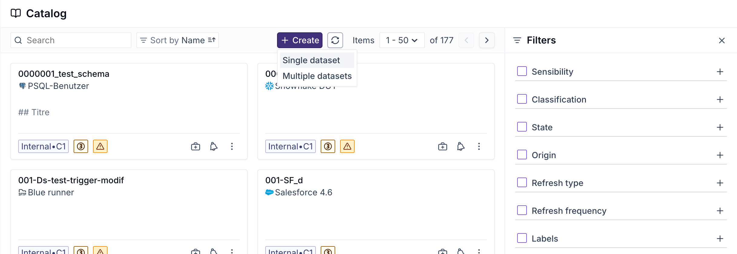 Menu Créer avec les entrées Dataset unique et Datasets multiples