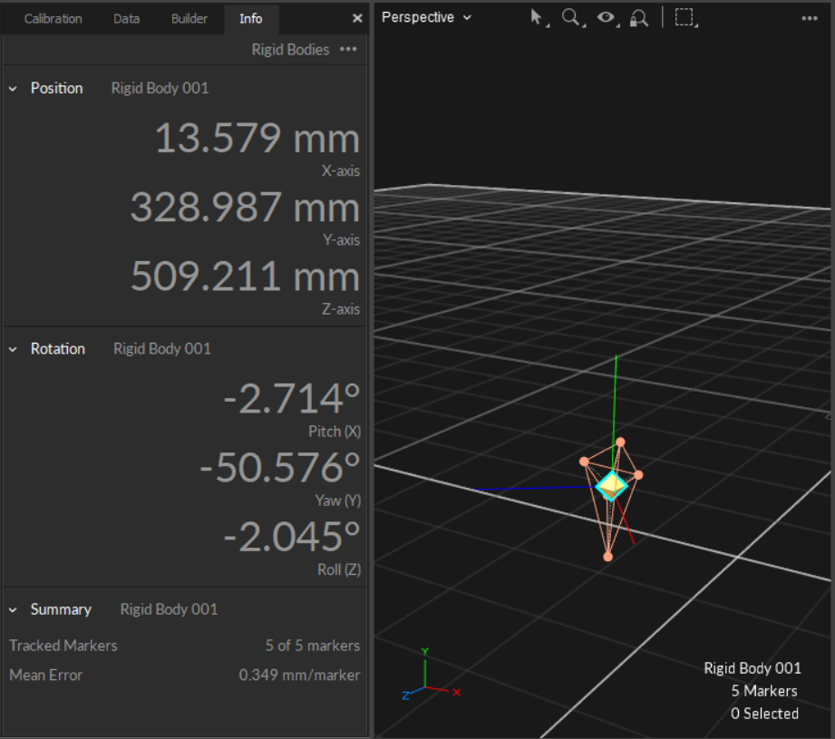 Rigid Body real-time information shown in the Info pane. 
Position is in respect to the global origin, and orientation is in 
respect to the initial orientation when the Rigid Body was created.
