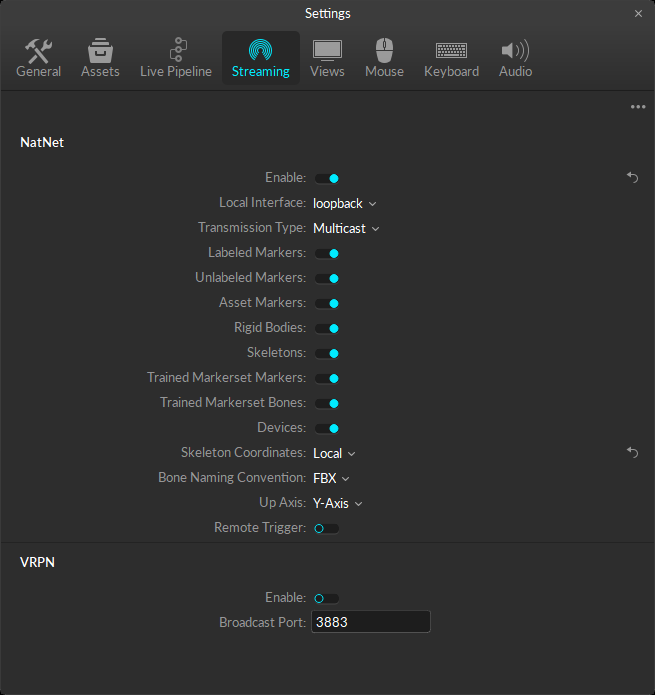 Data Streaming settings in Motive.