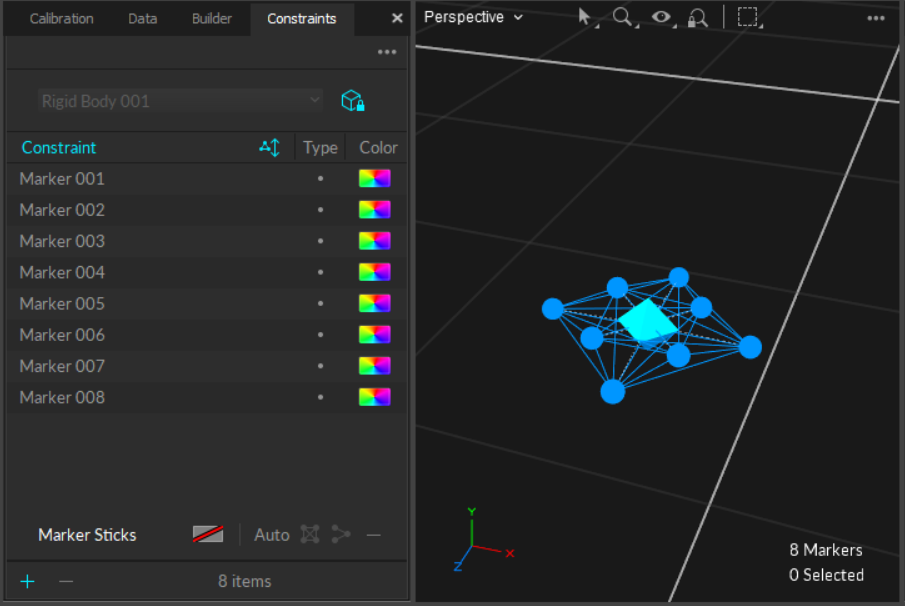 Rigid body with all constraints set to use the default asset color.