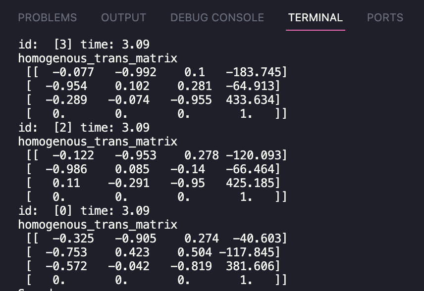 Console output of marker homogeneous transformation matrices