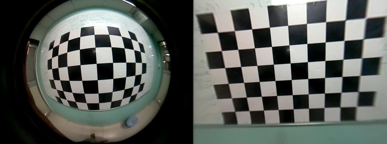 Distorted and geometrically corrected checkerboard images