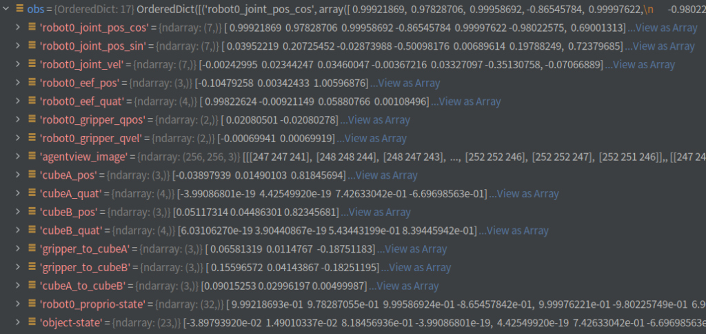 Robosuite observation dictionary with robot state, image and object data