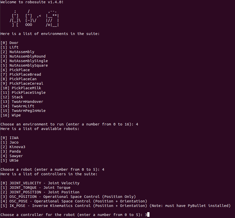 Robosuite terminal menu listing environments, robots and controllers