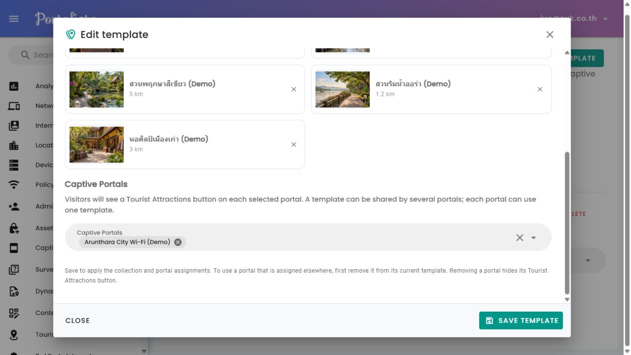 Template editor with selected places and assigned Captive Portal