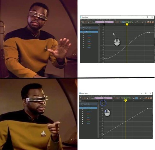 A meme with Geordi La Forge from Star Trek the next generation, Geordi cautions against using a curved animation curve and points to using a linear animation curve instead. 