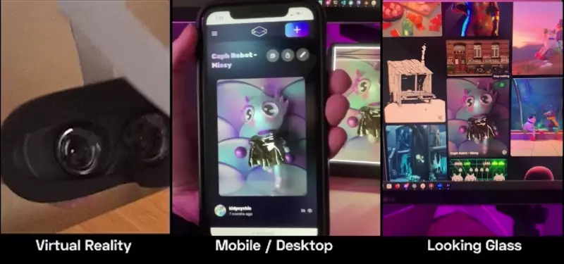 A gif showing holograms on different platforms, like mobile, VR, and Looking Glass holographic displays