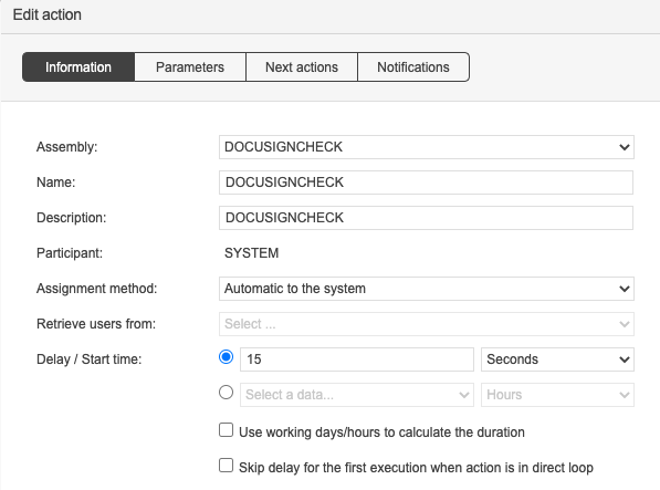 Configuration of a DOCUSIGNCHECK action